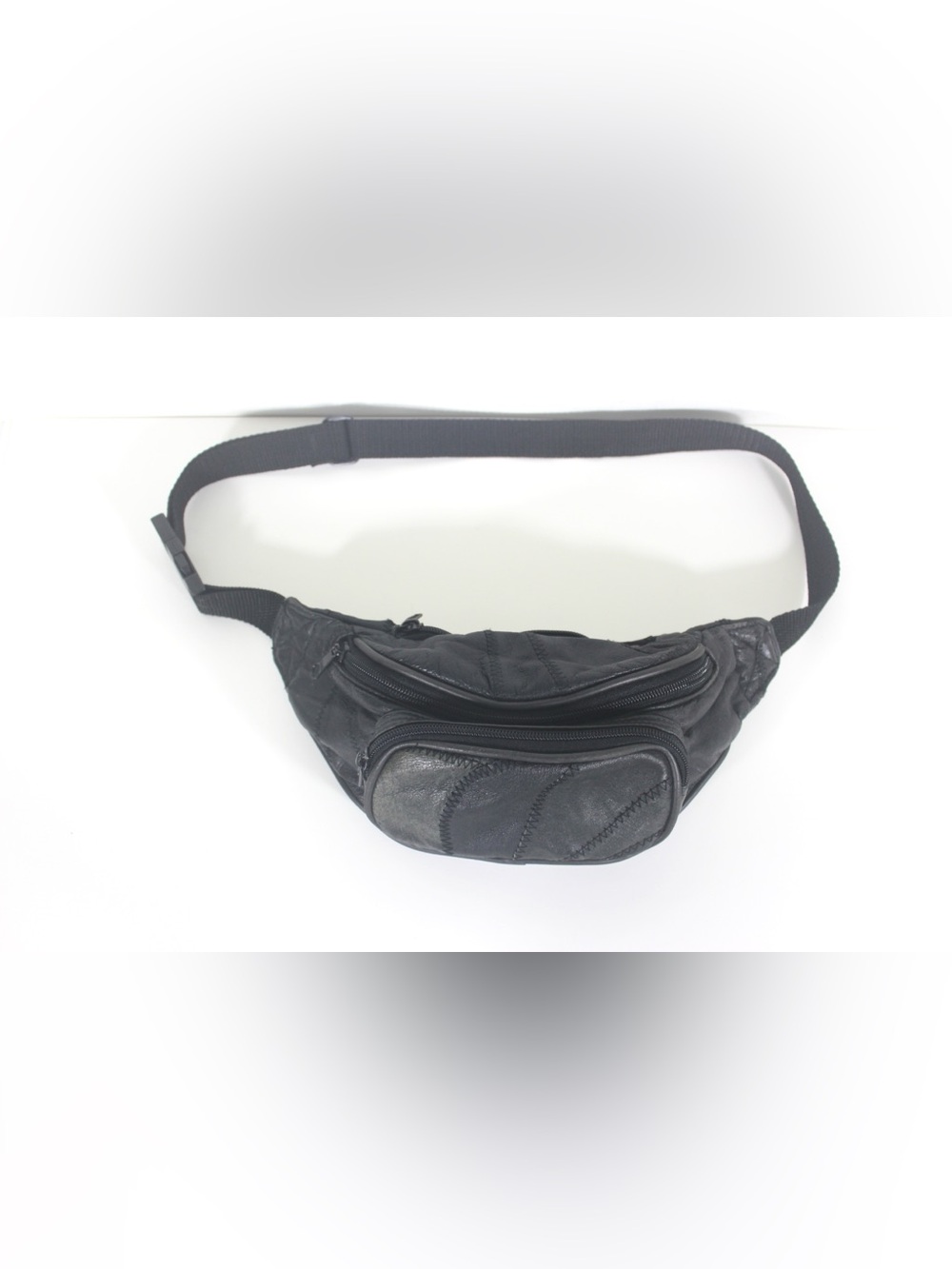 1980’s Vintage Gray/Black Patchwork Leather Fanny Pack Waist Purse Belt Bag